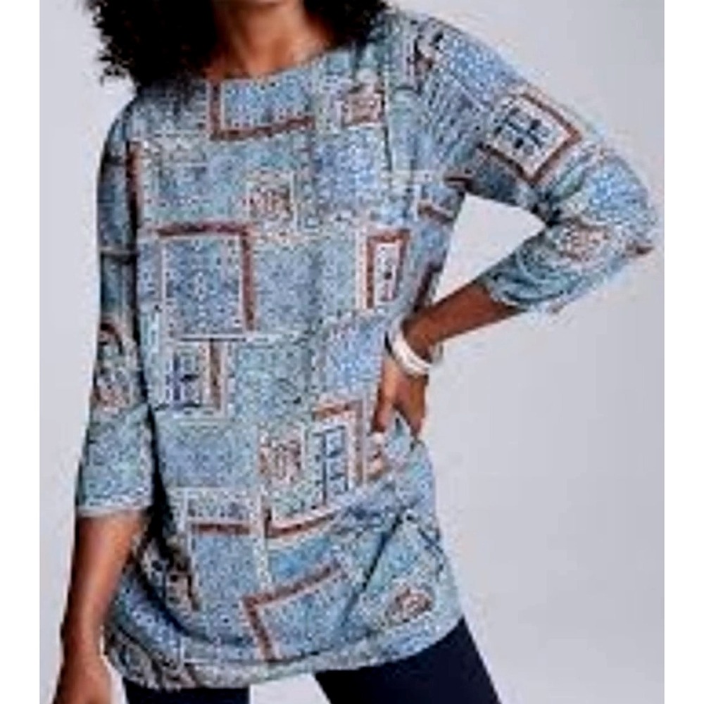 J Jill Womens Patchwork Tunic Top M Blue Rayon Stretch Artsy Coastal Lagenlook